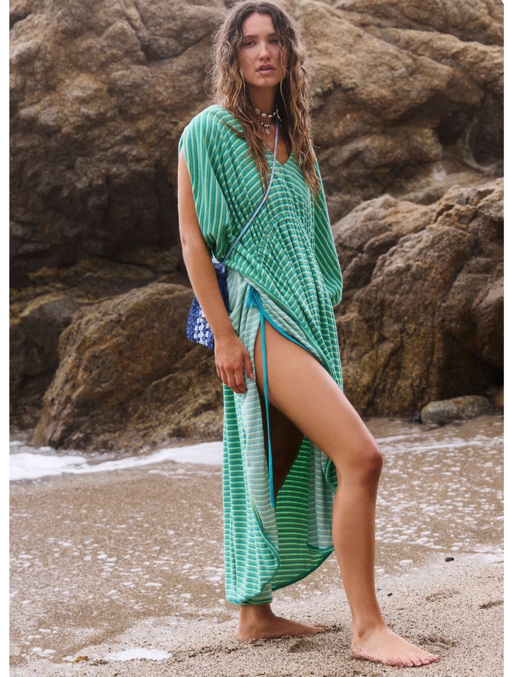 Free People Green Striped Wrap Beach Caftan
